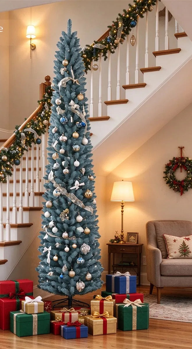 Tall slim frosted pencil Christmas tree