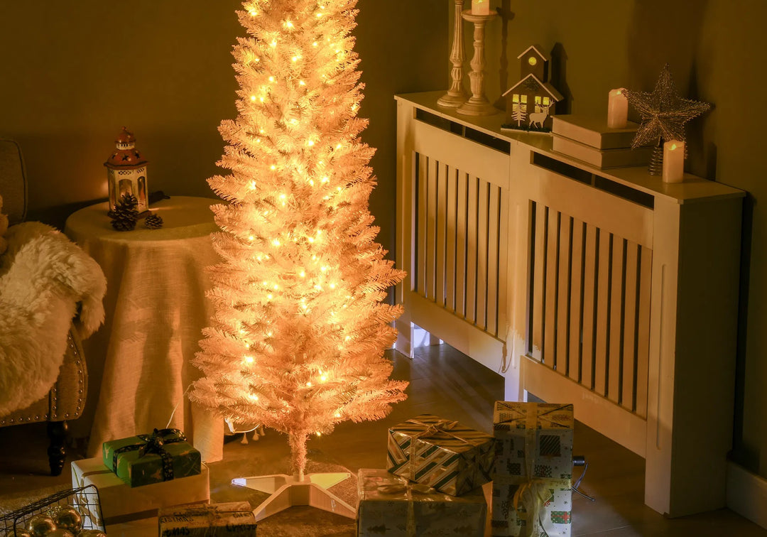 Pink pencil Christmas tree with warm lights