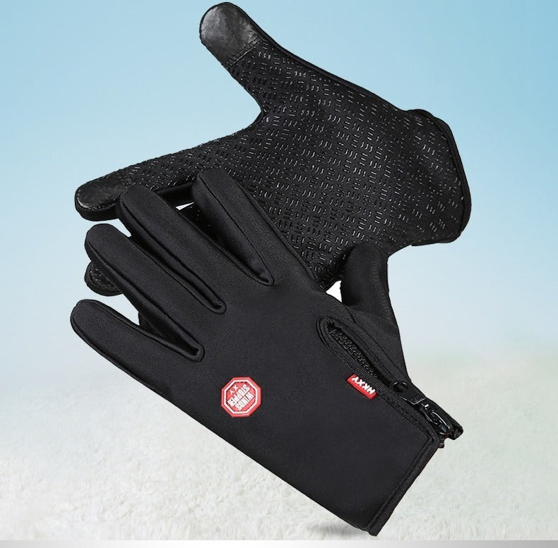 Black windproof sports gloves with zip cuff
