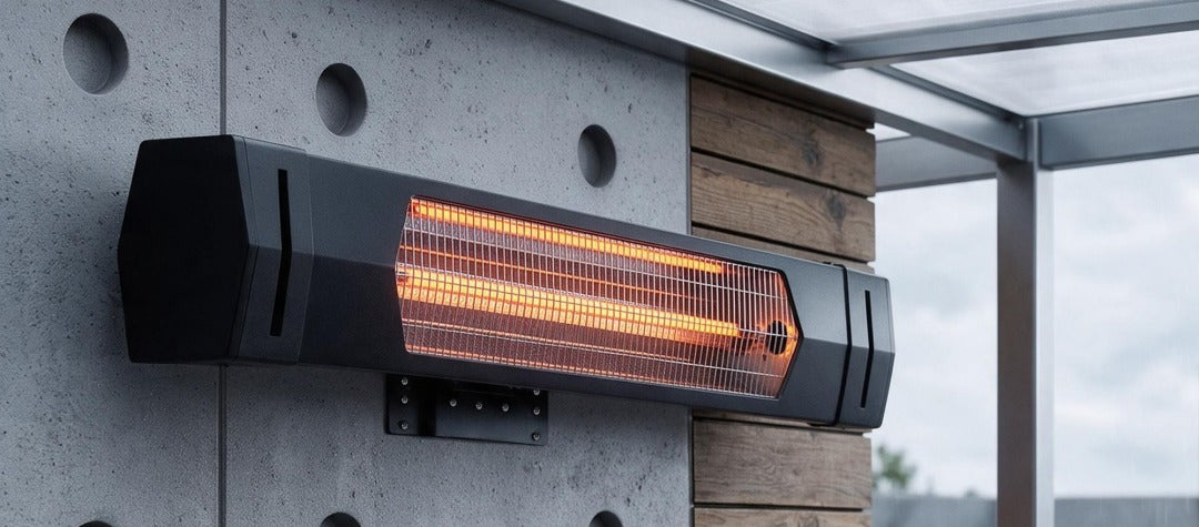 Black infrared heater mounted on a patio wall