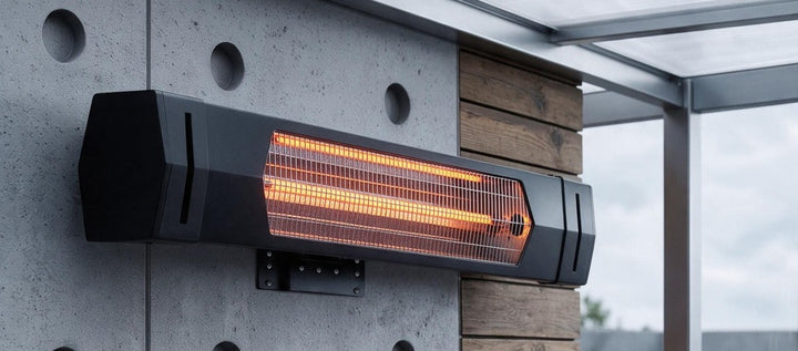 Black infrared heater mounted on a patio wall