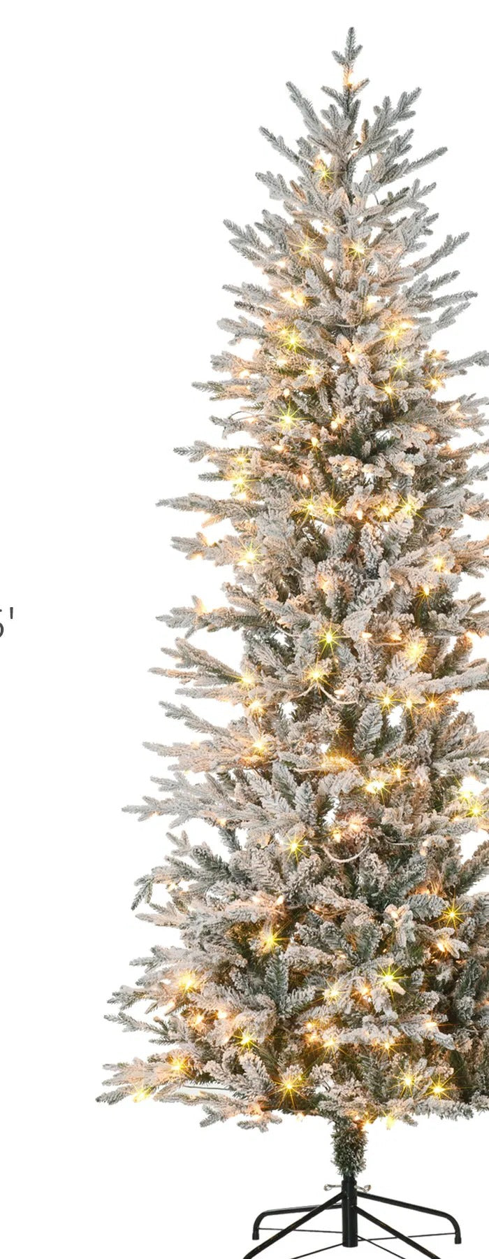 Tall snow flocked Christmas tree with lights