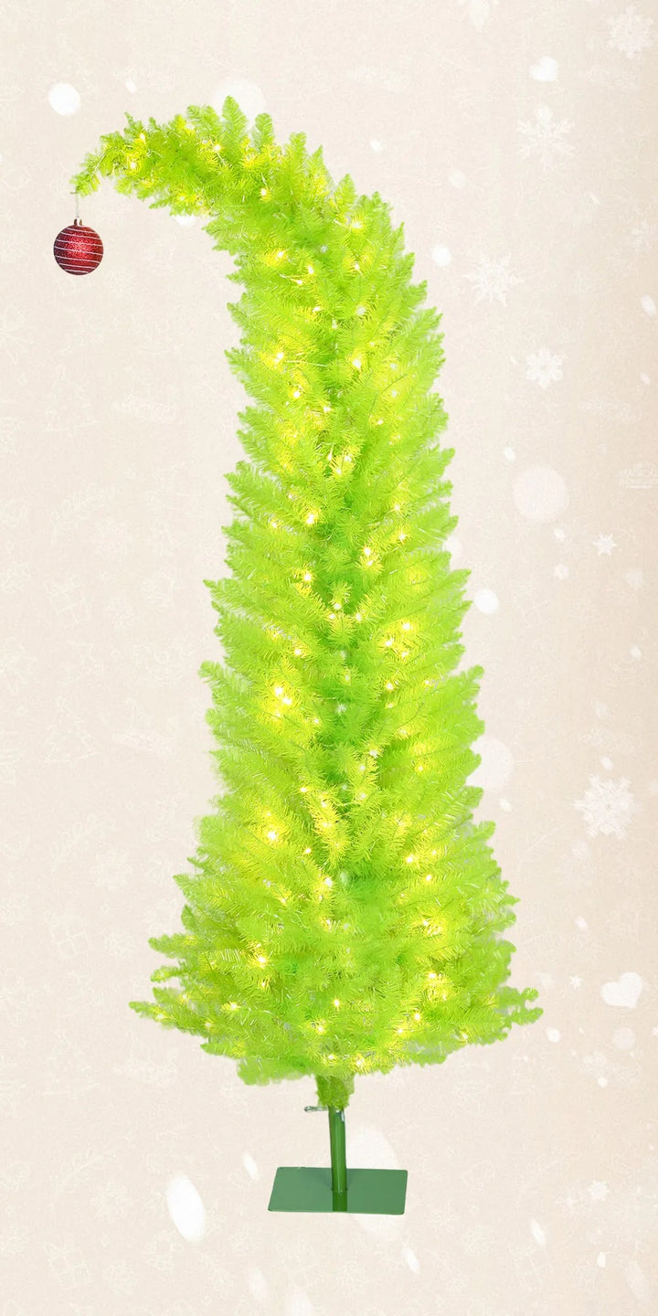 Lime green whimsical tree with bent top and red ball