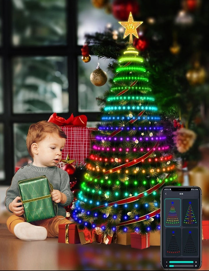 Smart RGB LED lights draped over Christmas tree