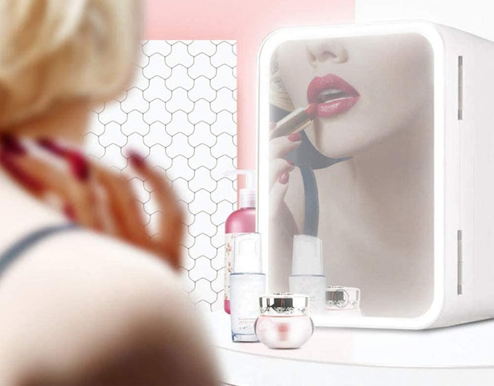 White mini skincare fridge with mirror