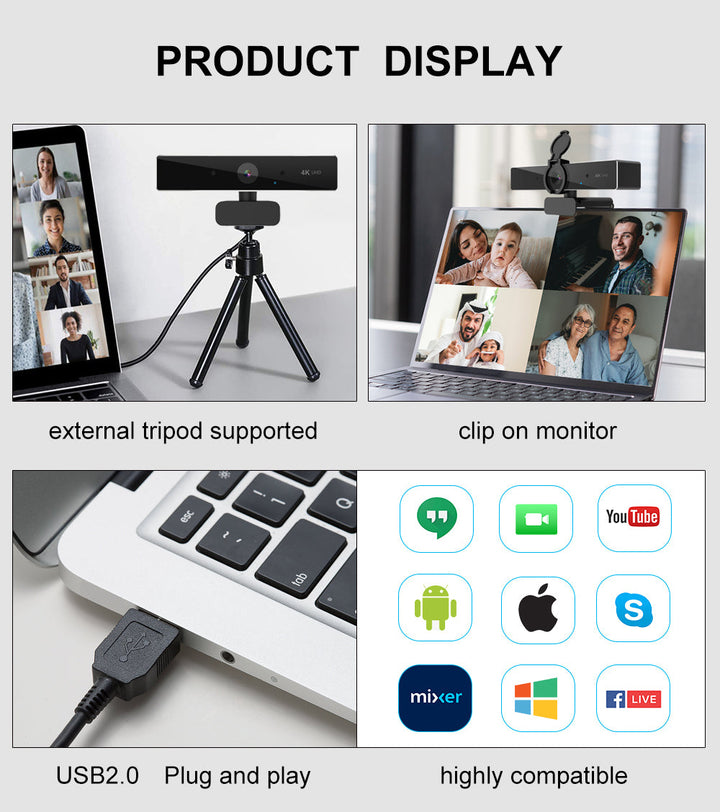 Colverro™ 4K Webcam with Autofocus, Built-In Mic and Auto Light Correction