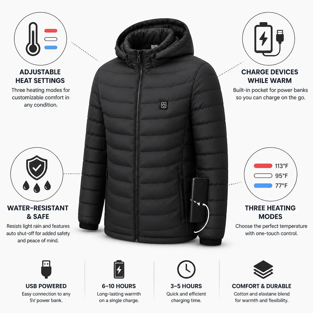 Colverro™ USB Heated Jacket with Power Bank Pocket &amp; Auto Shut-Off