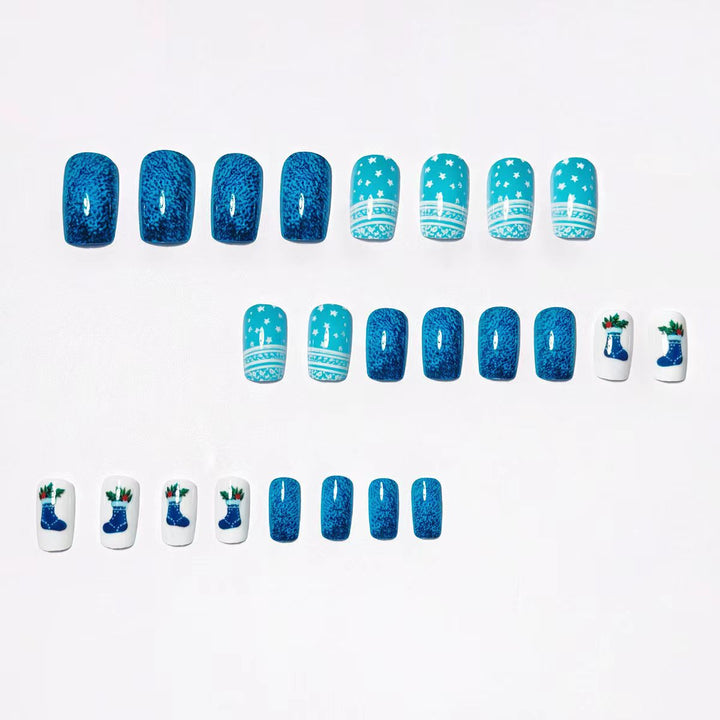 Colverro™ Reusable Winter Press-On Nails with Snowy Blue Designs