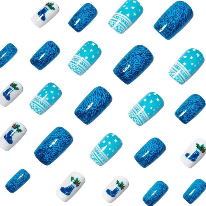 Colverro™ Reusable Winter Press-On Nails with Snowy Blue Designs