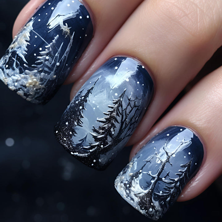 Colverro™ Artistic Winter Landscape Press-On Nails in Slate Gray