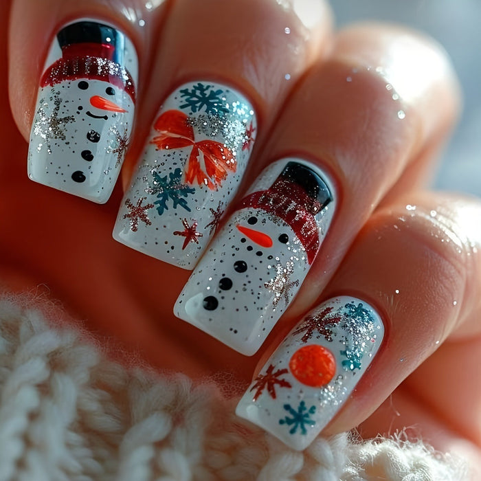 Colverro™ Winter Press-On Nails with Snowman and Snowflake Designs