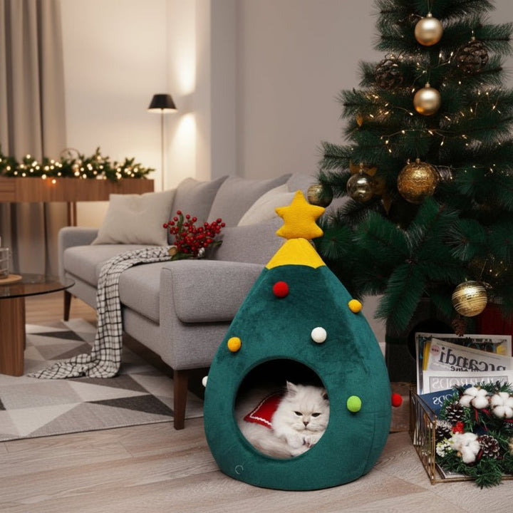Colverro™ Christmas Tree Cat Bed with Cozy Enclosed Plush Interior