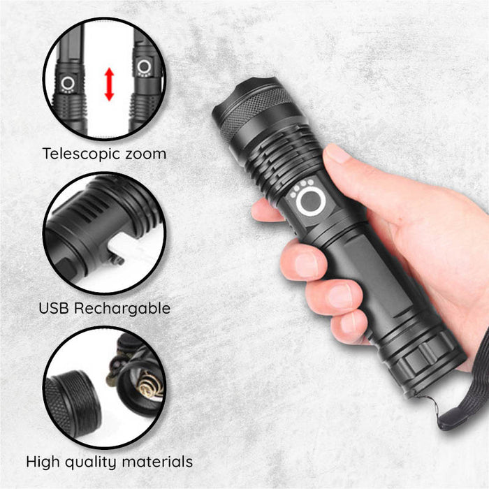 Colverro™ Rechargeable LED Flashlight with Zoom, Waterproof Aluminum Body
