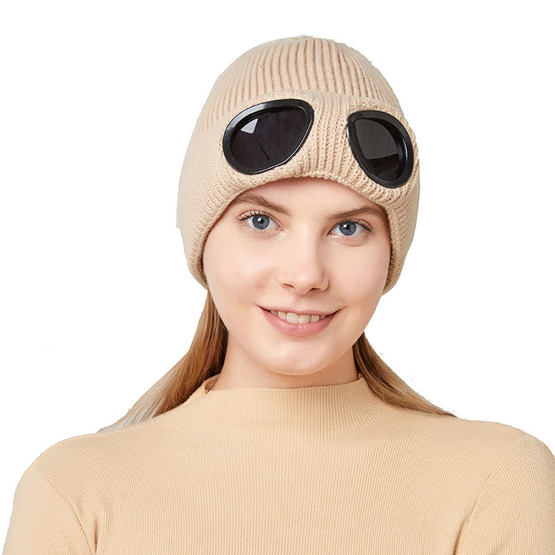 Knit beanie with flip-up goggles on front