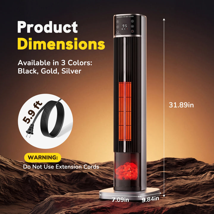 Tall black ceramic tower heater with flame effect panel