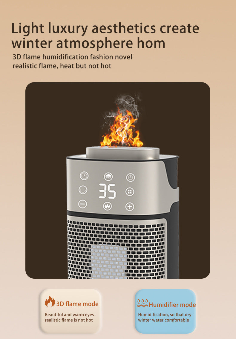 Silver tower fan heater with glowing flame-effect humidifier