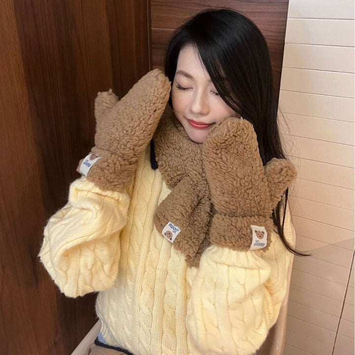 Teddy mittens and scarf set in beige