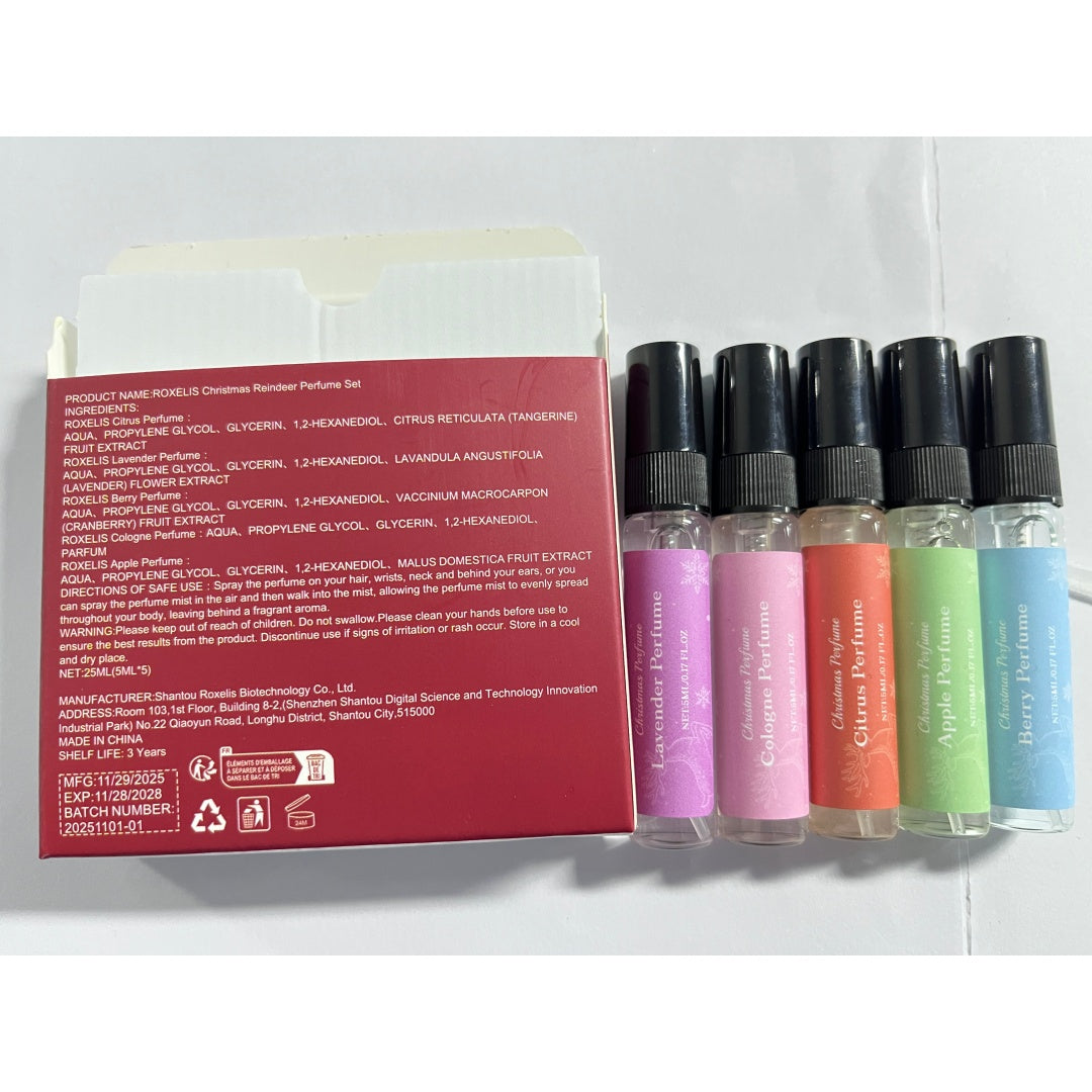 Red reindeer gift box with six mini perfume vials