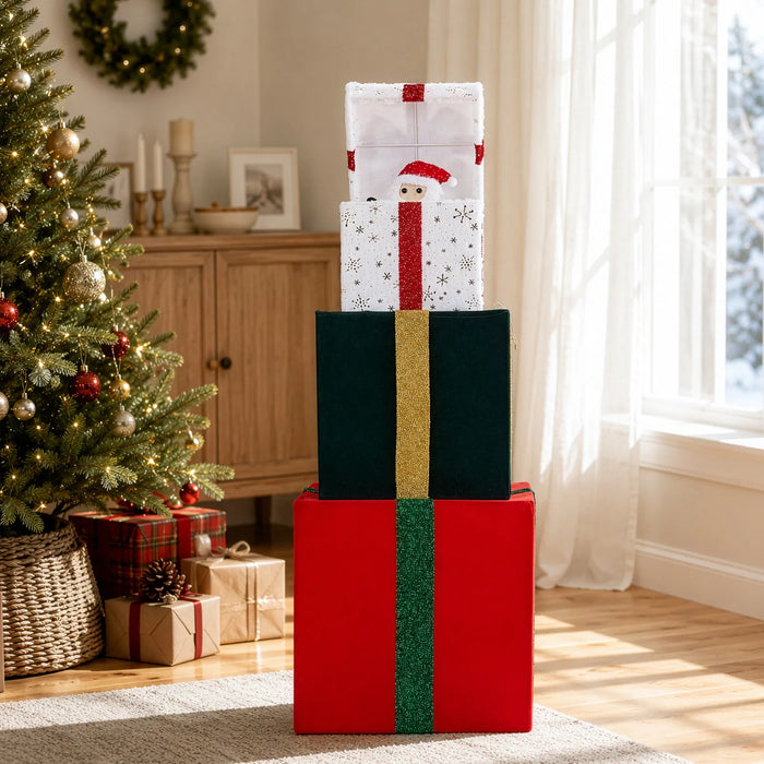 Colverro 4 ft Lighted Christmas Gift Box Stack with Moving Lids
