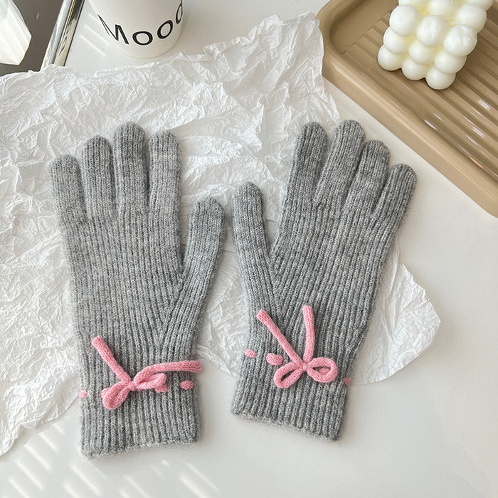 Colverro Ribbed Knit Touchscreen Gloves with Bow Detail