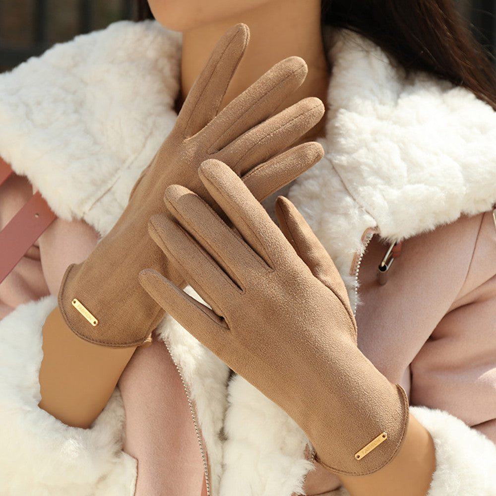 Women's camel faux suede gloves with gold bar