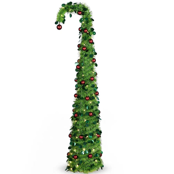 Green pop up Christmas tree with red ornaments