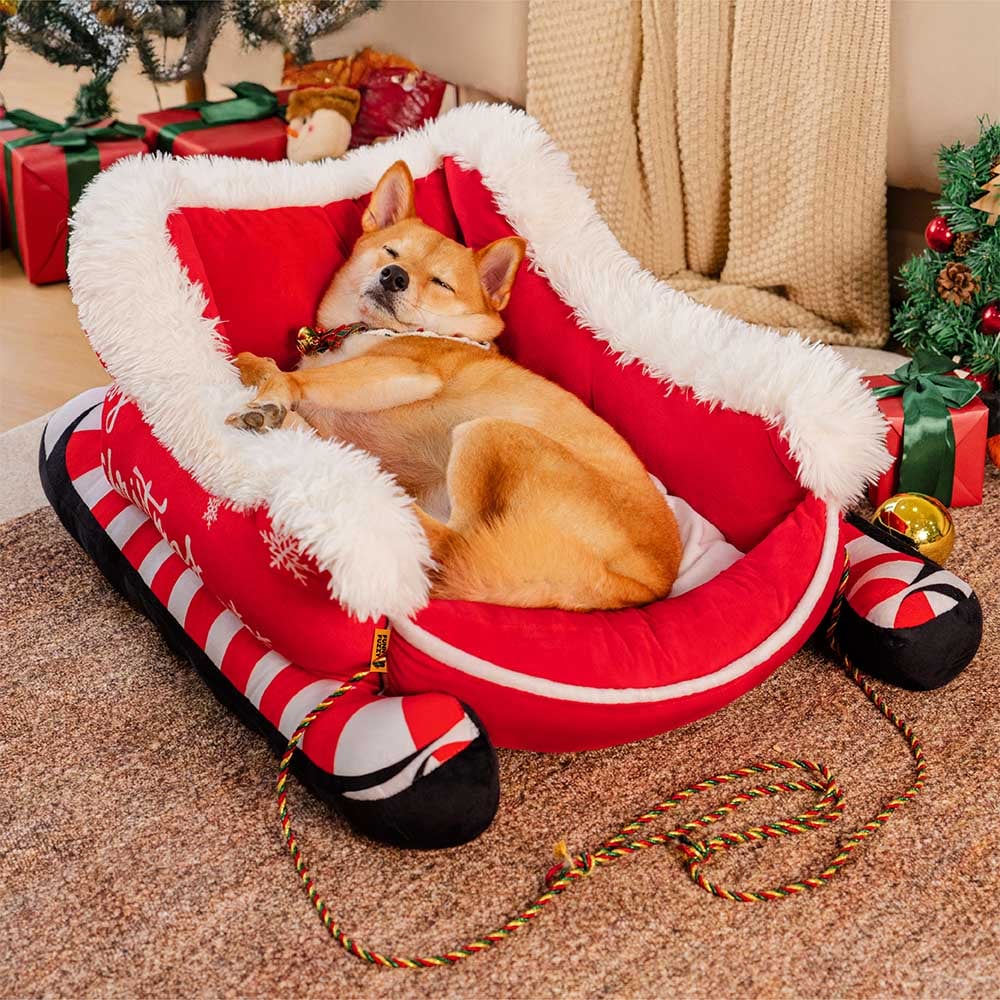 Colverro™ Sleigh-Shaped Dog Bed with Plush Faux Fur for Cozy Winters