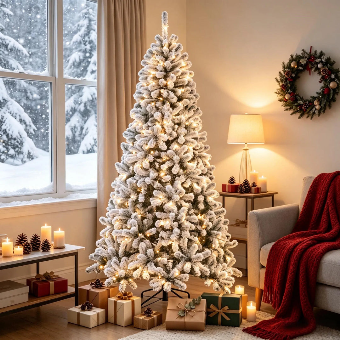 Flocked Northern pine Christmas tree with lights