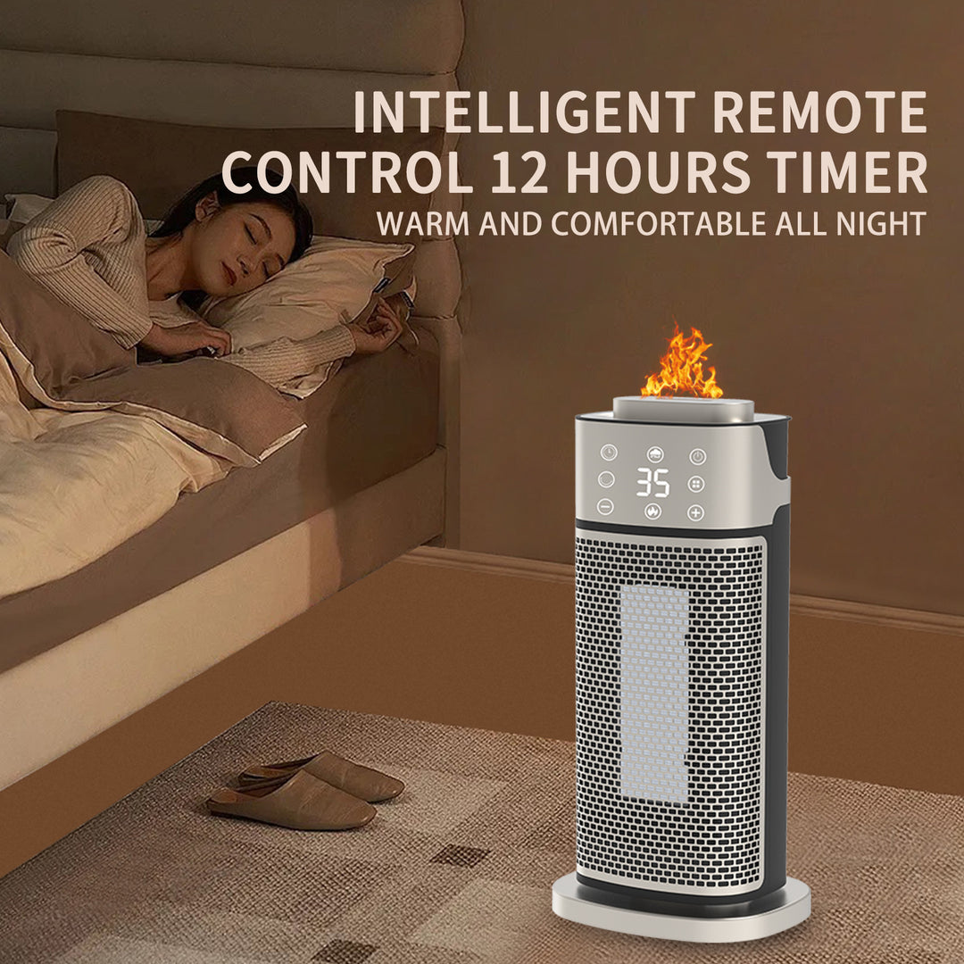 Silver tower fan heater with glowing flame-effect humidifier