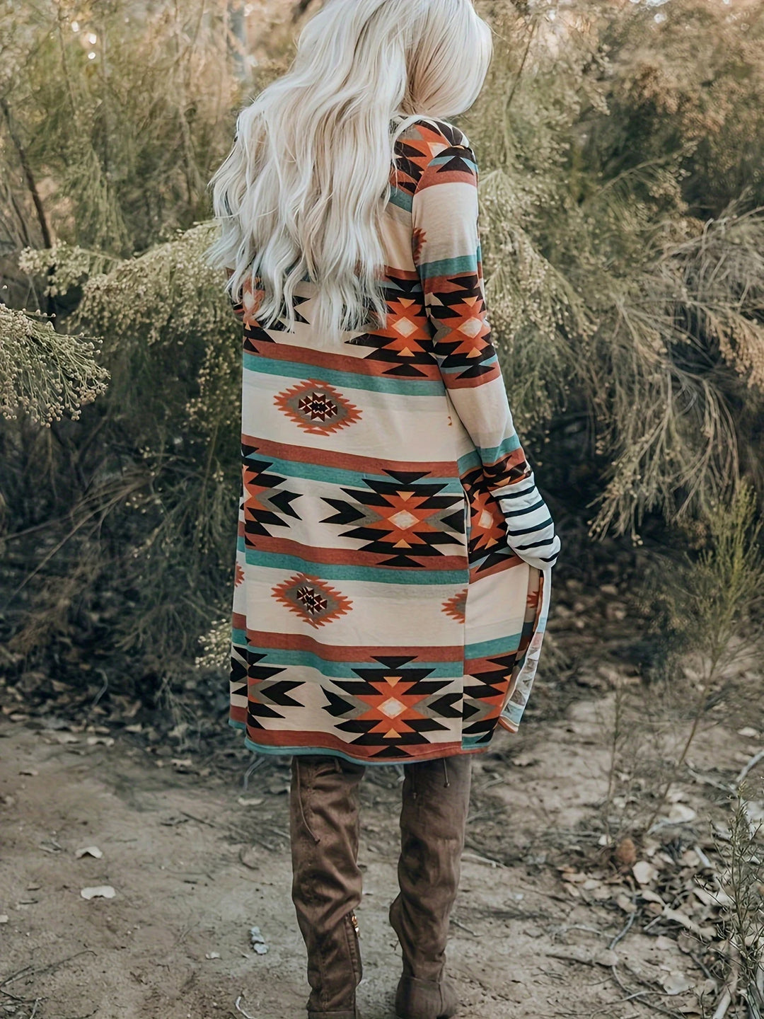 Woman in a long color-block cardigan