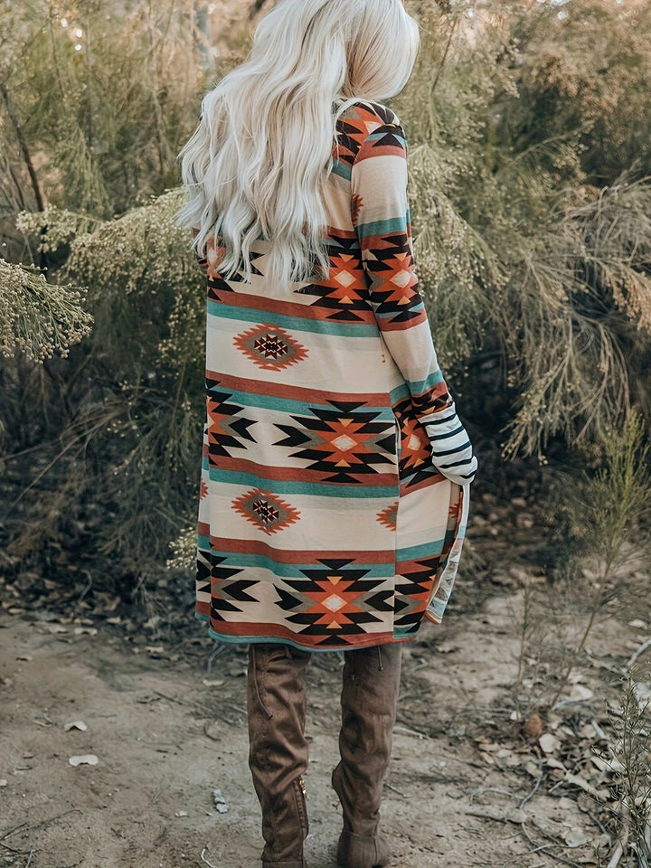 Woman in a long color-block cardigan