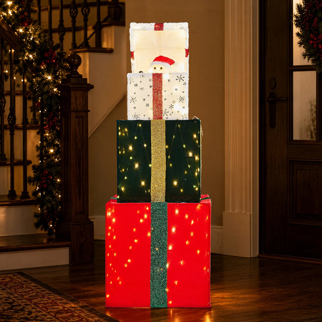 Stacked lighted Christmas gift boxes