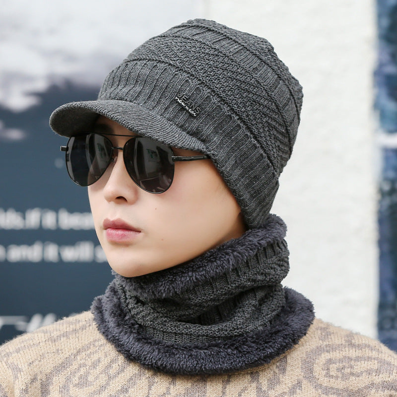 Gray peaked knit beanie with matching neck warmer