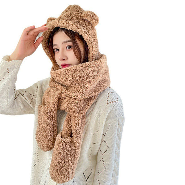 Woman wearing a teddy hood with bear ears