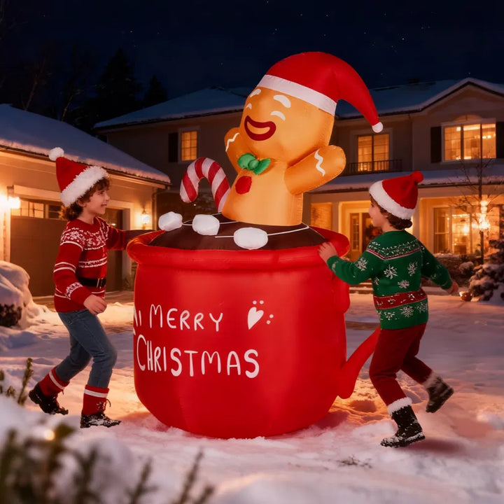 Inflatable gingerbread man in cocoa mug