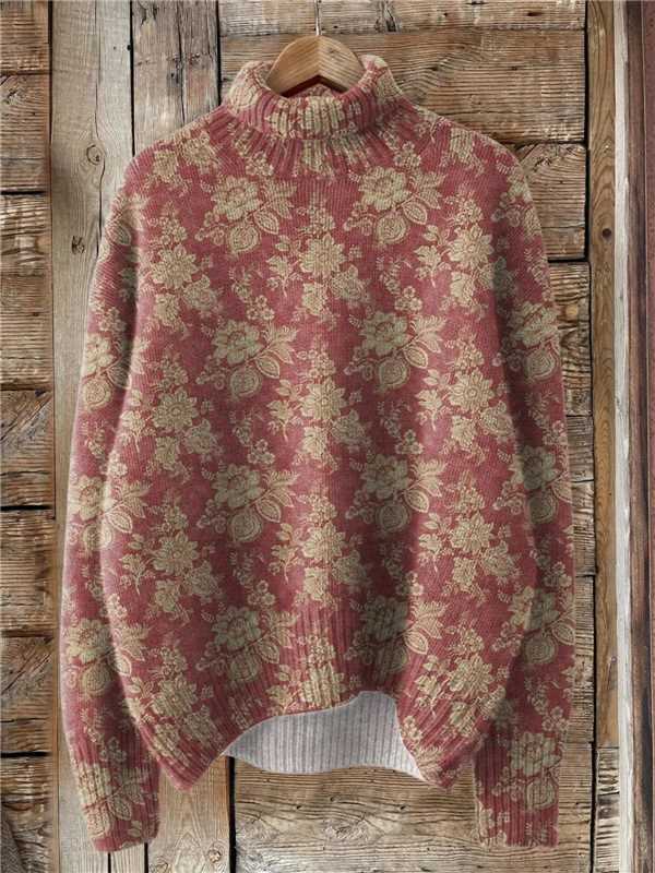 Woman in a floral printed turtleneck sweater