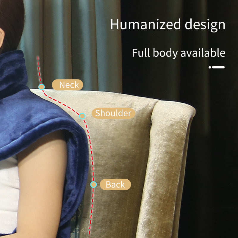 Gray flannel heated shawl over shoulders