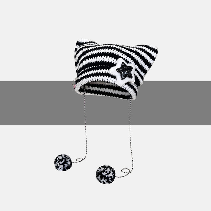Colverro Striped Cat Ear Beanie with Star or Pompom Ties