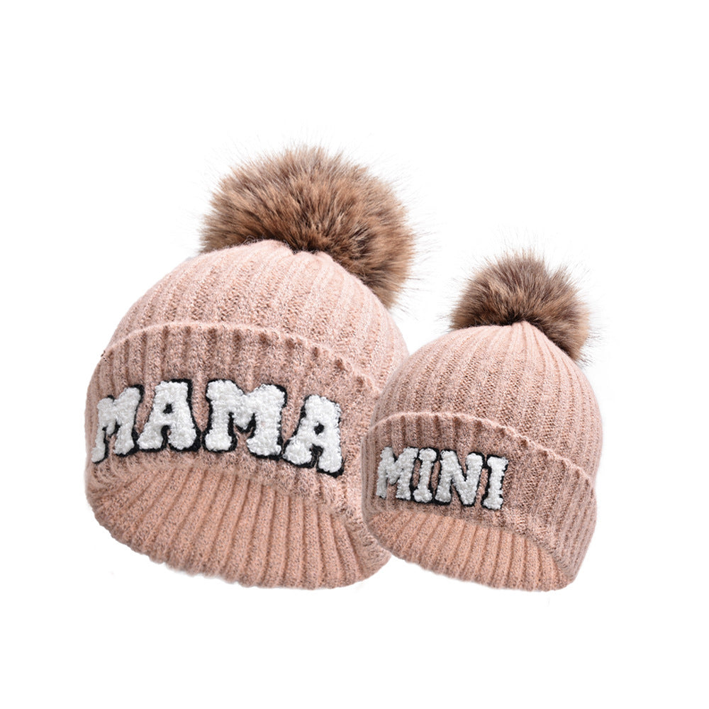 MAMA and MINI pompom beanie set
