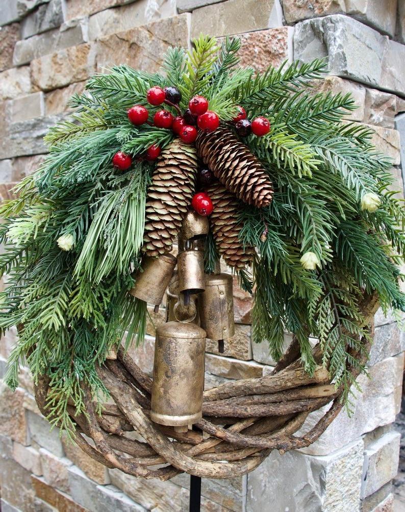 Colverro™ Handmade Farmhouse Christmas Wreath with Pinecones and Gold Bells