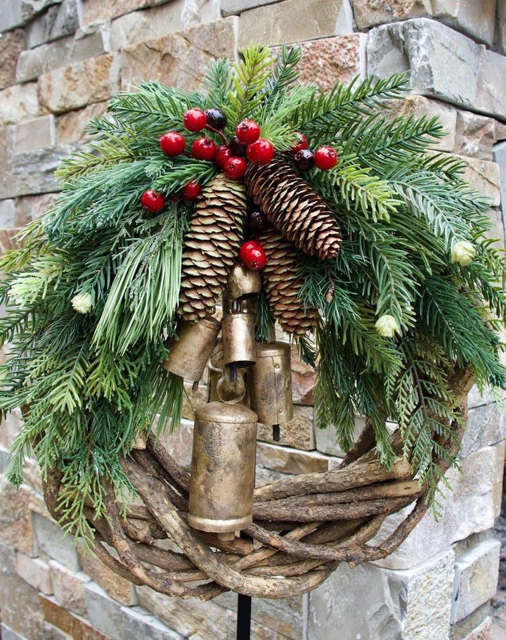 Colverro™ Handmade Farmhouse Christmas Wreath with Pinecones and Gold Bells