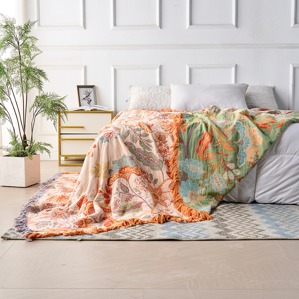 Colverro™ Boho Floral Cotton Throw Blanket with Fringe, Cream and Orange