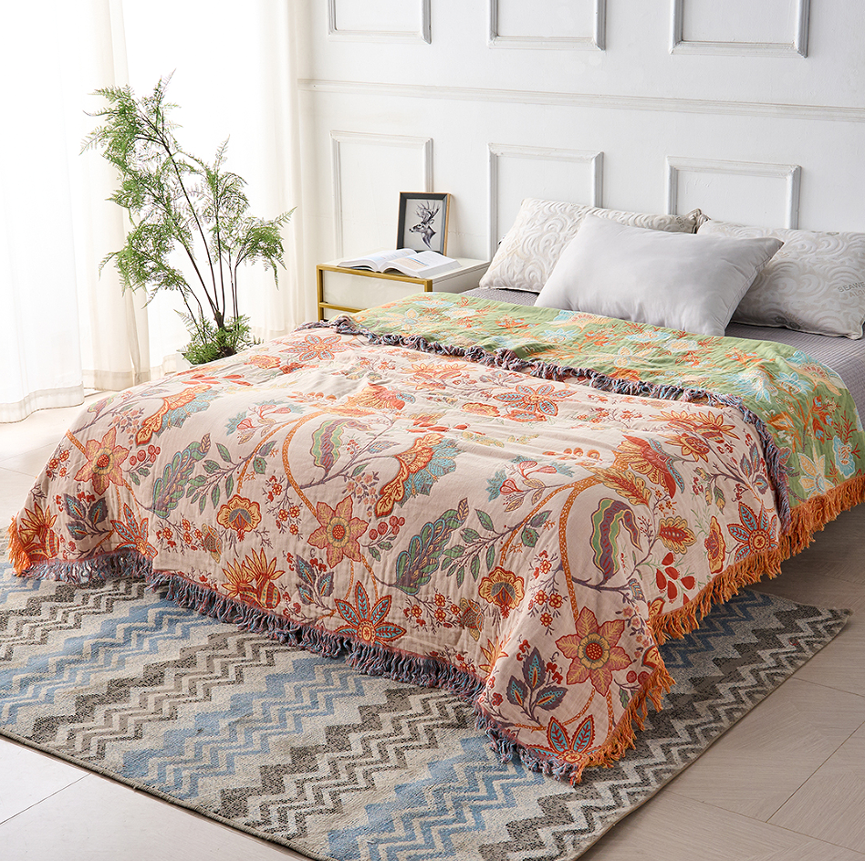 Colverro™ Boho Floral Cotton Throw Blanket with Fringe, Cream and Orange