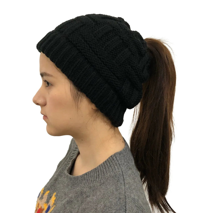 Colverro™ Women's Cable Knit Ponytail Beanie with Messy Bun Opening