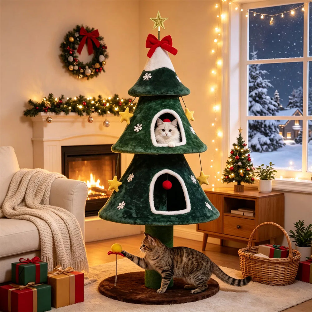Green Christmas tree cat tower with star
