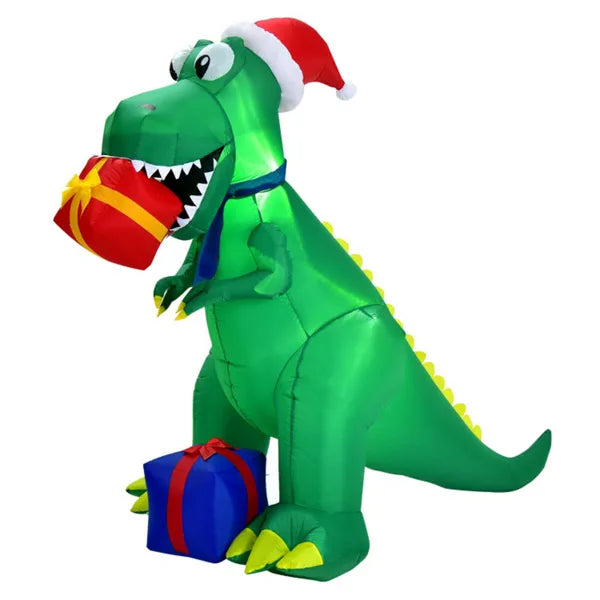 Inflatable T-rex dinosaur with Santa hat