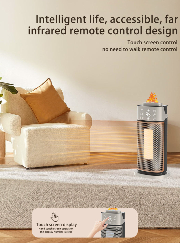 Silver tower fan heater with glowing flame-effect humidifier