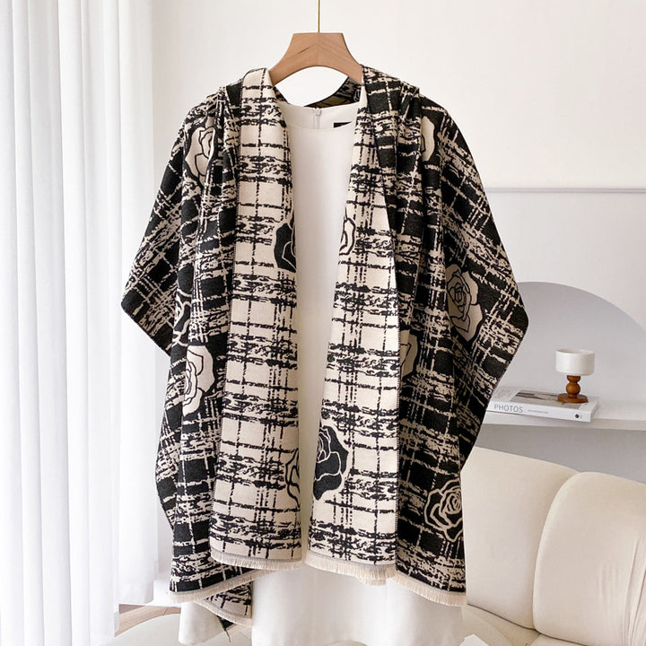 Wine red plaid shawl with roses