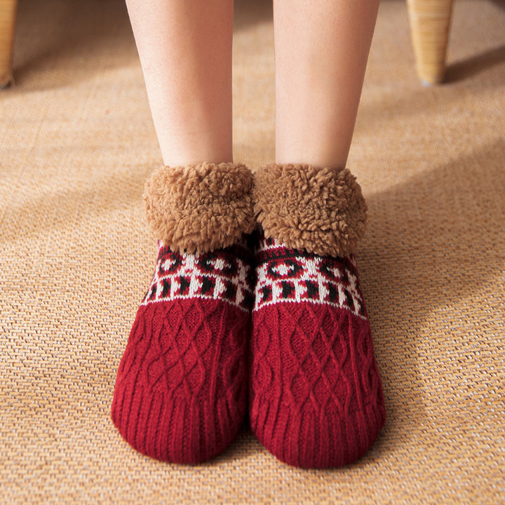 Knit slipper socks with fleece cuff