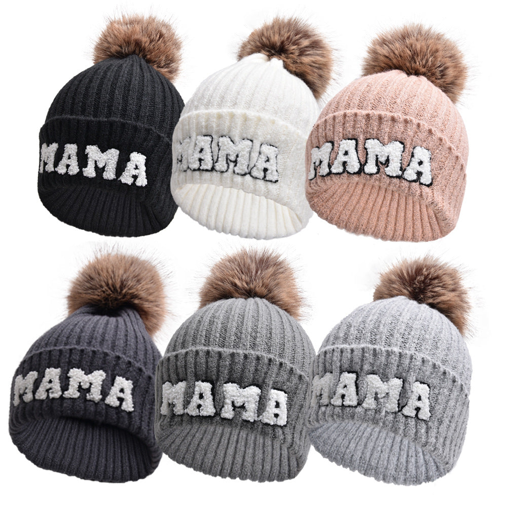MAMA and MINI pompom beanie set